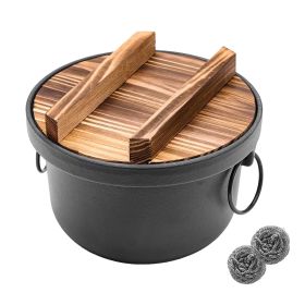 WANGYUANJI Cast Iron Dutch Oven with Wooden Lid, Safe and Non-Coatings, Deep Pot For Camping, 7.9" Cast Iron Pot With Handles for Cooking Rice, Soup
