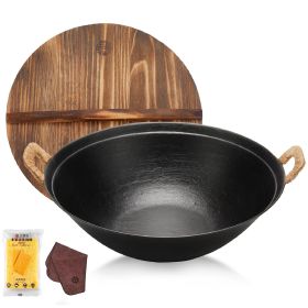 WANGYUANJI 14.96" Handmade Wok, Cast Iron Wok Pan, Large Flat Bottom Wok Stir with Dual Handle and Wooden Lid, Suitable for All Cooktops