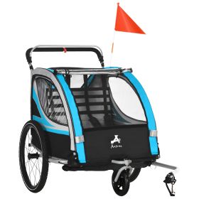 Aosom 3-in-1 Bike Trailer for Kids, Running Stroller with 2 Seats, Jogging Cart with 5-Point Harness, Storage Units, Blue