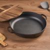 WANGYUANJI 13"Cast Iron Wok with Dual Handles and Wooden Lid, Uncoated Frying Pan for Gas and IH, Chinese Thickened Pancake Pan