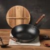 WANGYUANJI 14.2" Cast Iron Wok, Craft Wok Chinese Wok, Flat Bottom Iron Woks with Wooden Lid, Fry Pan Suitable for Induction, Electric, Gas
