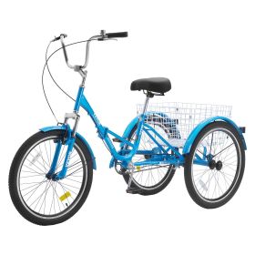 VEVOR Folding Adult Tricycle, 24-Inch Adult Folding Trikes, Carbon Steel 3 Wheel Cruiser Bike with Large Basket & Adjustable Seat (Wheel Diameter: 24 inch, Color: Blue)