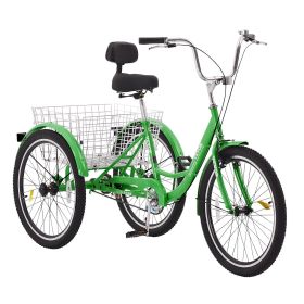 VEVOR Adult Tricycles Bike, 24 Inch Three-Wheeled Bicycles, 3 Wheel Bikes Trikes, Carbon Steel Cruiser Bike with Basket & Adjustable Seat (Wheel Diameter: 24 inch, Color: Green)