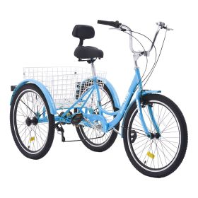 VEVOR Adult Tricycles Bike, 7 Speed Adult Trikes, 24 Inch Three-Wheeled Bicycles, Carbon Steel Cruiser Bike with Basket and Adjustable Seat (Wheel Diameter: 24 inch, Color: Blue)