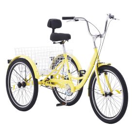 VEVOR Adult Tricycles Bike, 24 Inch Three-Wheeled Bicycles, 3 Wheel Bikes Trikes, Carbon Steel Cruiser Bike with Basket & Adjustable Seat (Wheel Diameter: 24 inch, Color: Yellow)