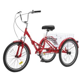 VEVOR Folding Adult Tricycle, 24-Inch Adult Folding Trikes, Carbon Steel 3 Wheel Cruiser Bike with Large Basket & Adjustable Seat (Wheel Diameter: 24 inch, Color: Red)