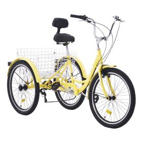 VEVOR Adult Tricycles Bike, 7 Speed Adult Trikes, 24 Inch Three-Wheeled Bicycles, Carbon Steel Cruiser Bike with Basket and Adjustable Seat (Wheel Diameter: 24 inch, Color: Yellow)