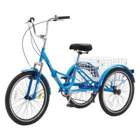 VEVOR Folding Adult Tricycle, 24-Inch 7-Speed Adult Folding Trikes, Carbon Steel 3 Wheel Cruiser Bike with Basket & Adjustable Seat (Wheel Diameter: 24 inch, Color: Blue)