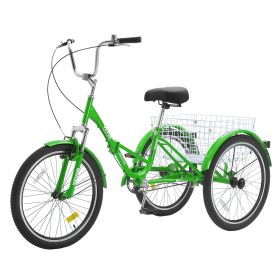 VEVOR Folding Adult Tricycle, 24-Inch Adult Folding Trikes, Carbon Steel 3 Wheel Cruiser Bike with Large Basket & Adjustable Seat (Wheel Diameter: 24 inch, Color: Green)