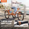 VEVOR Folding Adult Tricycle, 24-Inch 7-Speed Adult Folding Trikes, Carbon Steel 3 Wheel Cruiser Bike with Basket & Adjustable Seat