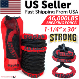 KEEGAN TOOLS 1.25"x30' Kinetic Energy Recovery Rope 46000 lbs Tow Rope Carry Bag (Rope Size: 1-1/4" x 30 ft)