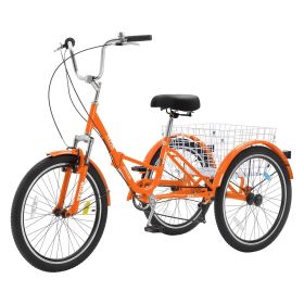 VEVOR Folding Adult Tricycle, 24-Inch 7-Speed Adult Folding Trikes, Carbon Steel 3 Wheel Cruiser Bike with Basket & Adjustable Seat (Wheel Diameter: 24 inch, Color: Orange)