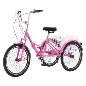 VEVOR Folding Adult Tricycle, 24-Inch 7-Speed Adult Folding Trikes, Carbon Steel 3 Wheel Cruiser Bike with Basket & Adjustable Seat (Wheel Diameter: 24 inch, Color: Pink)